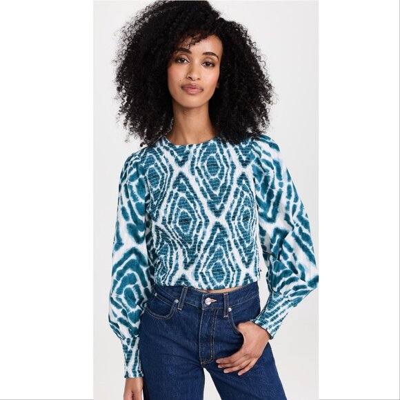 SCOTCH & SODA Smocked Long Sleeve Top Blouse US Size 10 L Bow Back Teal Tie Dye - Picture 3 of 11